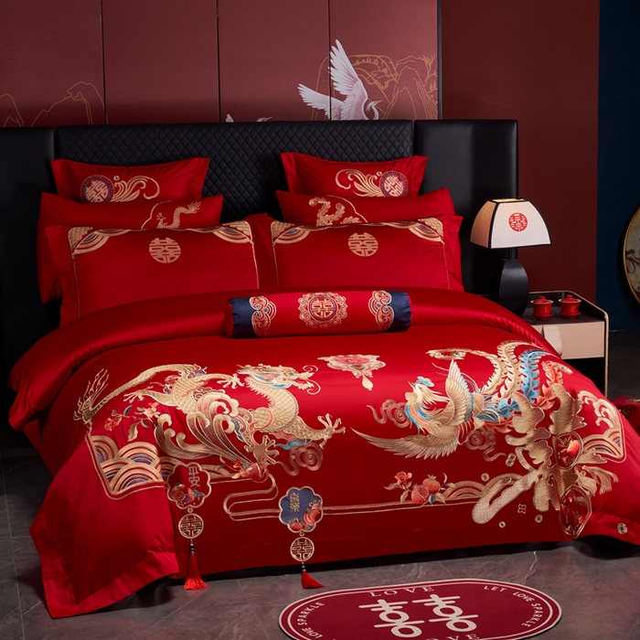 91家纺网 家纺一手货源 找家纺 慕她家纺 2026年全棉纯棉婚庆四件套大红色刺绣结床上用品 喜迎龙凤