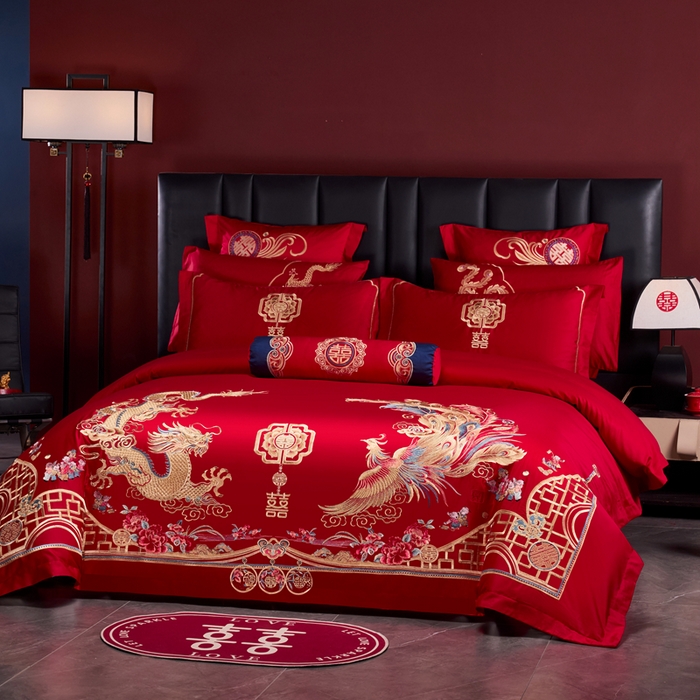 91家纺网 家纺一手货源 找家纺 慕她家纺 2026年全棉纯棉婚庆四件套大红色刺绣结床上用品 云罗龙凤
