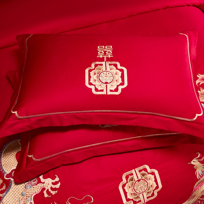 91家纺网 家纺一手货源 找家纺 慕她家纺 2026年全棉纯棉婚庆四件套大红色刺绣结床上用品 云罗龙凤