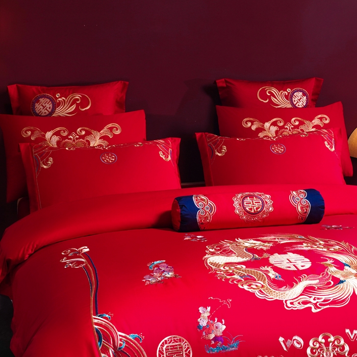 91家纺网 家纺一手货源 找家纺 慕她家纺 2026年全棉纯棉婚庆四件套大红色刺绣结床上用品 华彩龙凤