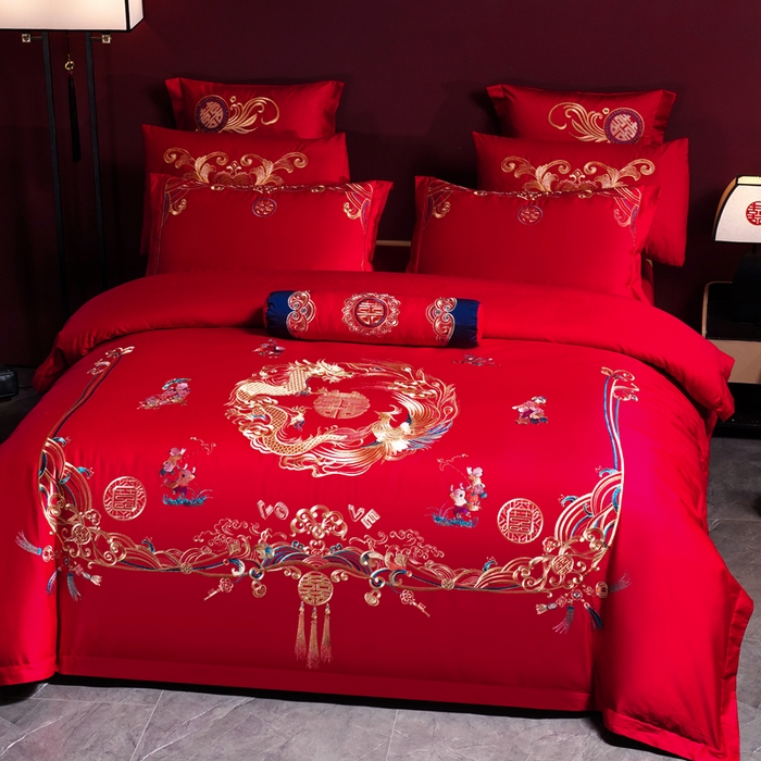 91家纺网 家纺一手货源 找家纺 慕她家纺 2026年全棉纯棉婚庆四件套大红色刺绣结床上用品 华彩龙凤