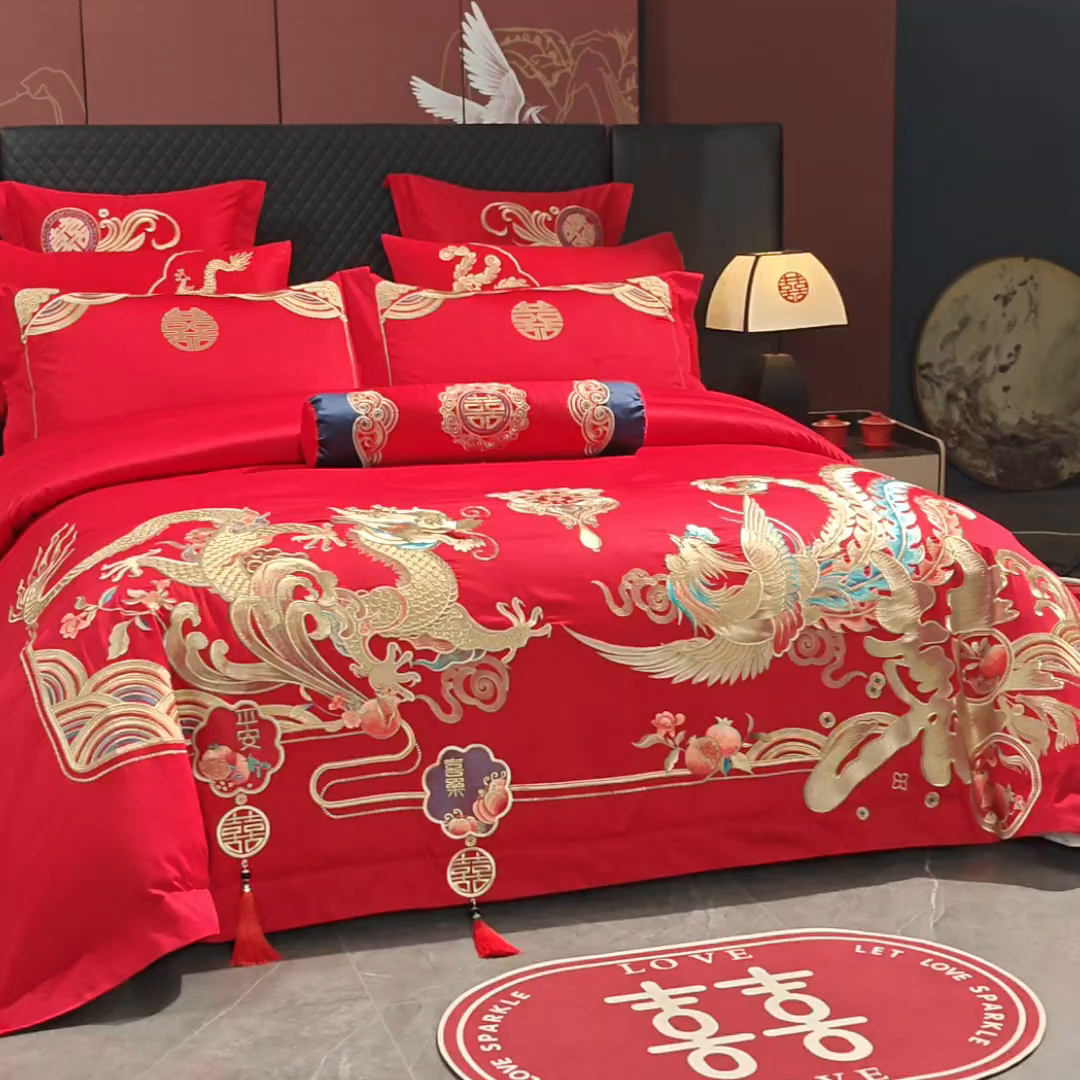 91家纺网 家纺一手货源 找家纺 慕她家纺 2026年全棉纯棉婚庆四件套大红色刺绣结床上用品 喜迎龙凤