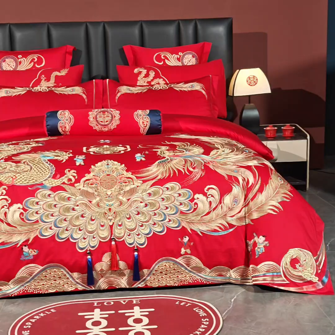 91家纺网 家纺一手货源 找家纺 慕她家纺 2026年全棉纯棉婚庆四件套大红色刺绣结床上用品 御赐婚礼