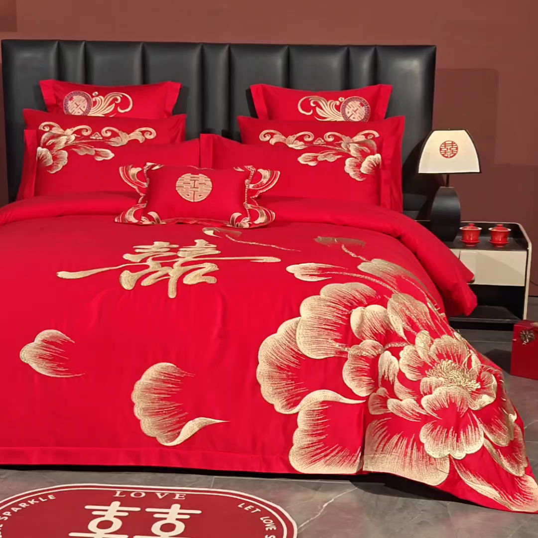 91家纺网 家纺一手货源 找家纺 慕她家纺 2026年全棉纯棉婚庆四件套大红色刺绣结床上用品 花海情深