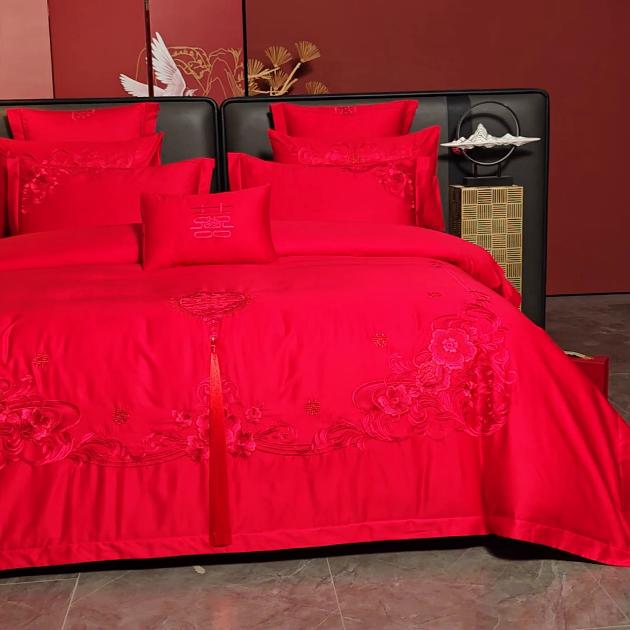 91家纺网 家纺一手货源 找家纺 慕她家纺 2026年全棉纯棉婚庆四件套大红色刺绣结床上用品 倾城之恋 红