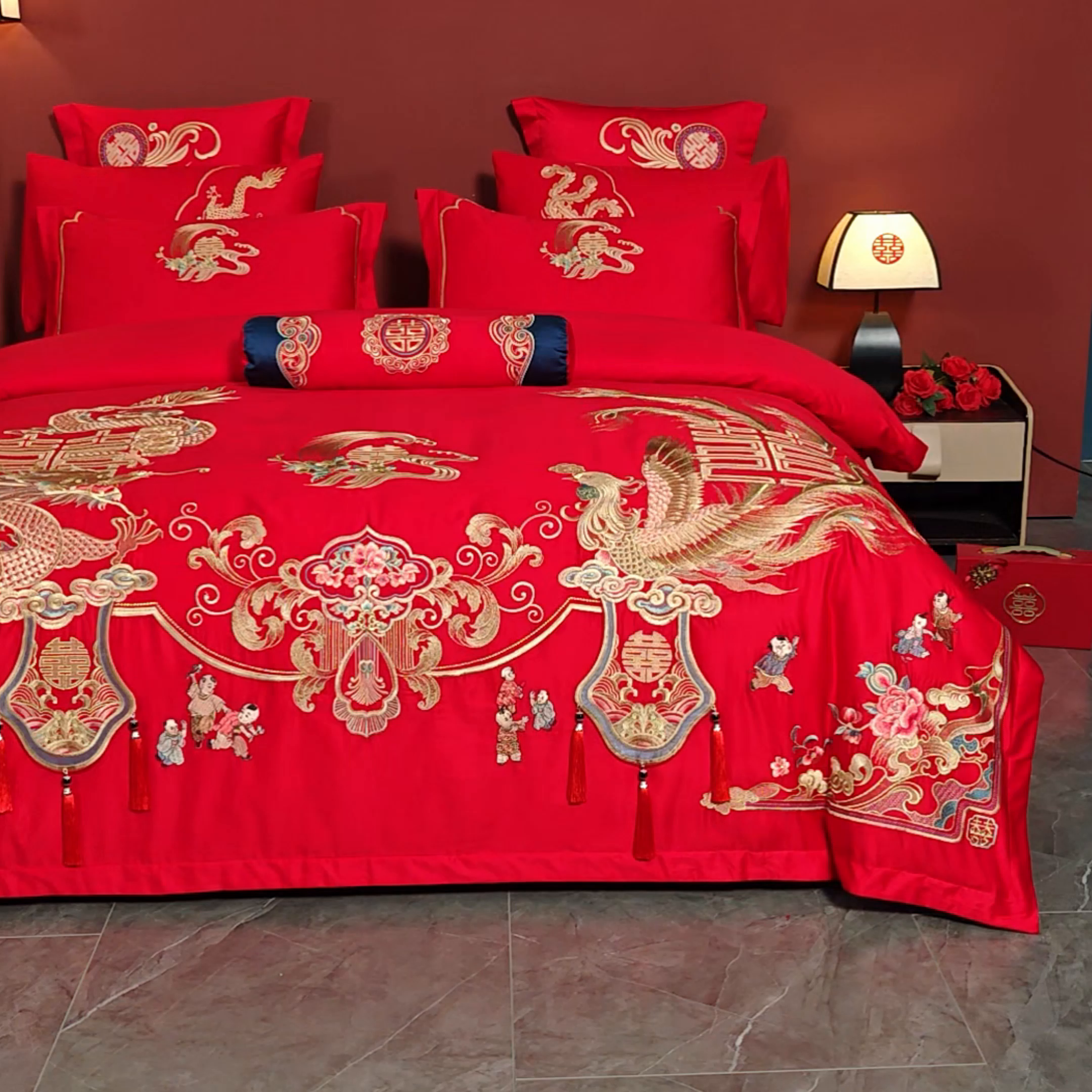 91家纺网 家纺一手货源 找家纺 慕她家纺 2026年全棉纯棉婚庆四件套大红色刺绣结床上用品 今生相伴
