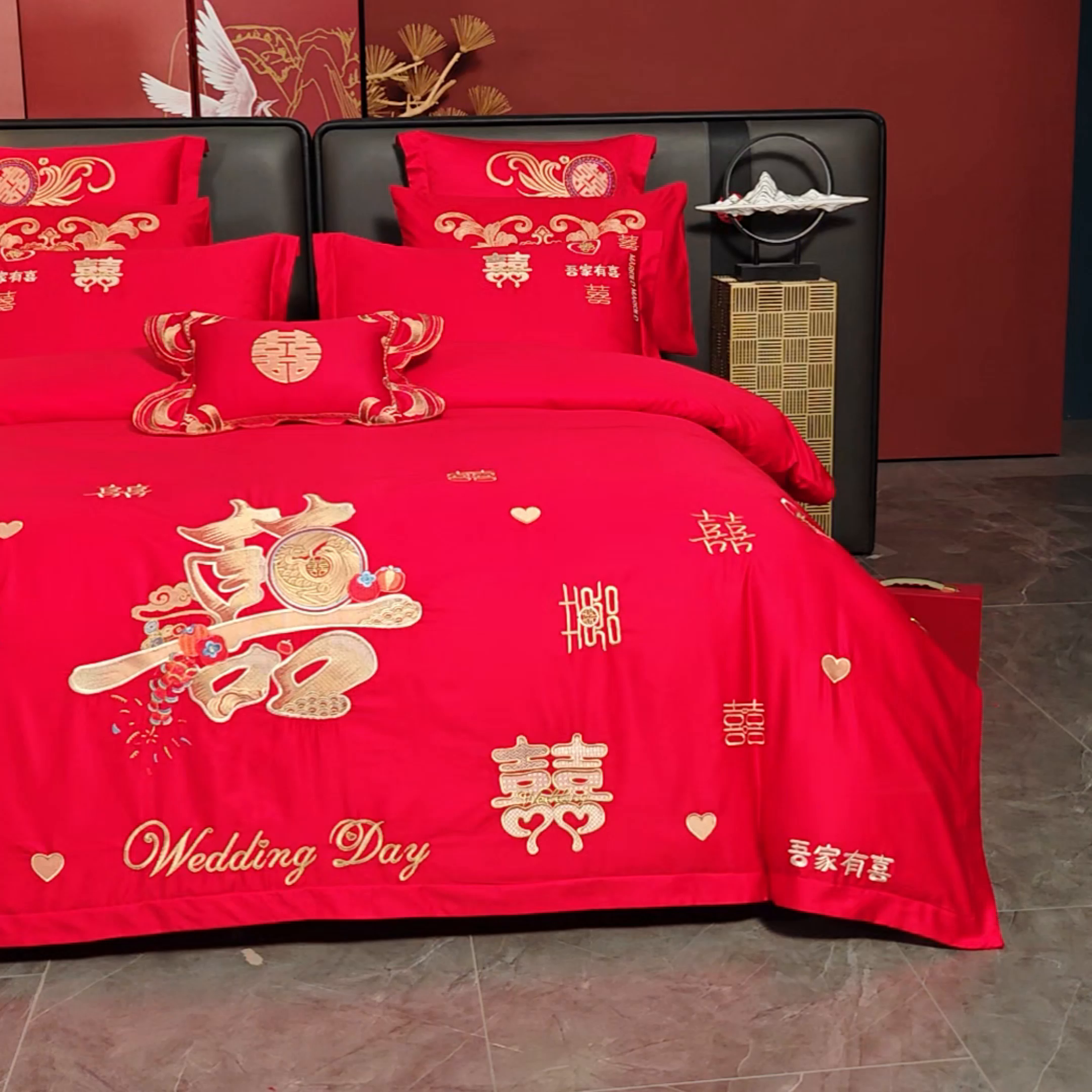 91家纺网 家纺一手货源 找家纺 慕她家纺 2026年全棉纯棉婚庆四件套大红色刺绣结床上用品 大喜日子