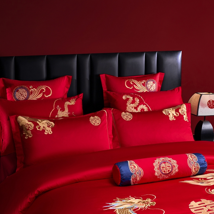 91家纺网 家纺一手货源 找家纺 慕她家纺 2026年全棉纯棉婚庆四件套大红色刺绣结床上用品 盛世腾飞
