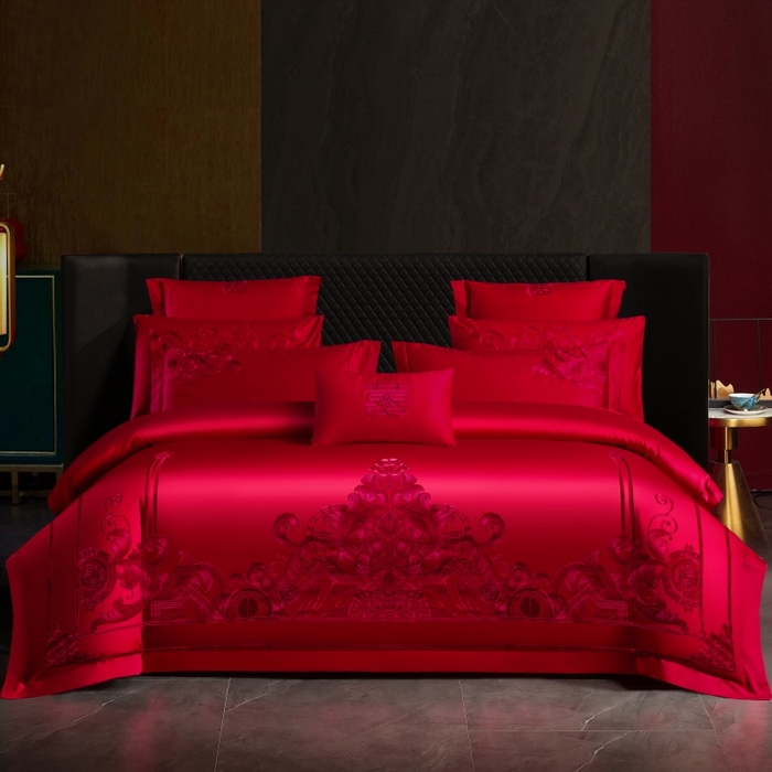 慕她家纺 2026年全棉纯棉婚庆四件套大红色刺绣结床上用品 宫廷盛意
