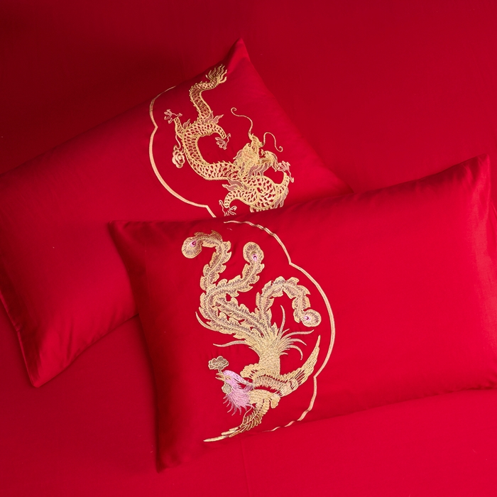 91家纺网 家纺一手货源 找家纺 慕她家纺 2026年全棉纯棉婚庆四件套大红色刺绣结床上用品 龙凤合欢