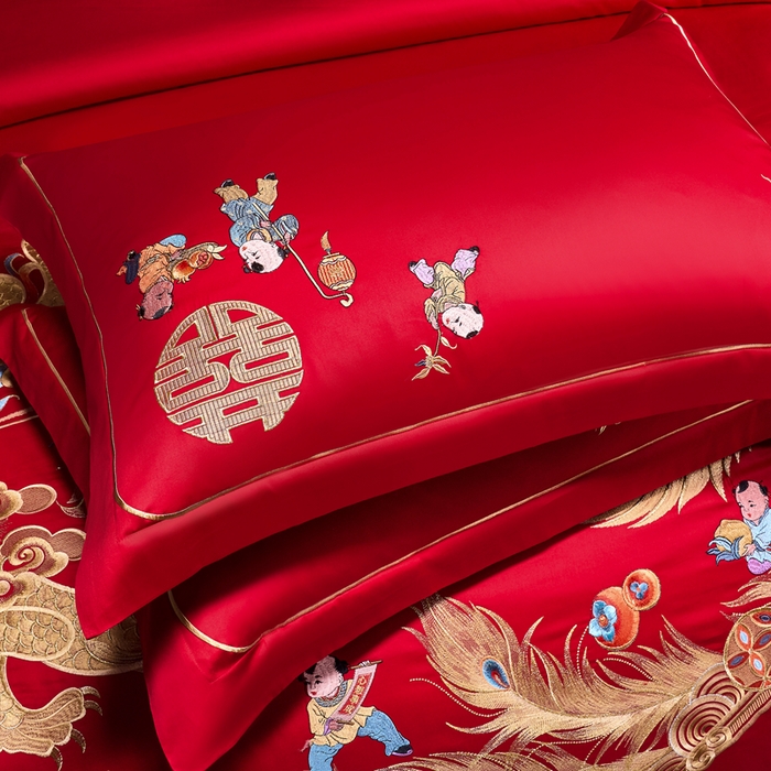 91家纺网 家纺一手货源 找家纺 慕她家纺 2026年全棉纯棉婚庆四件套大红色刺绣结床上用品 龙凤合欢