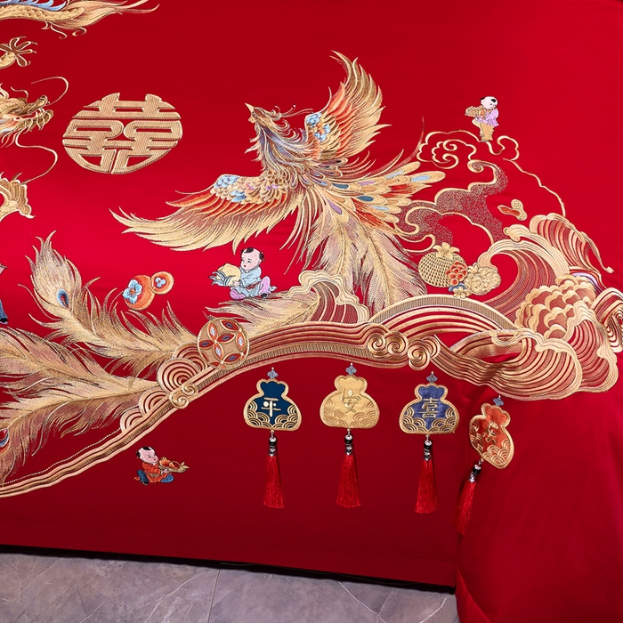 91家纺网 家纺一手货源 找家纺 慕她家纺 2026年全棉纯棉婚庆四件套大红色刺绣结床上用品 龙凤合欢