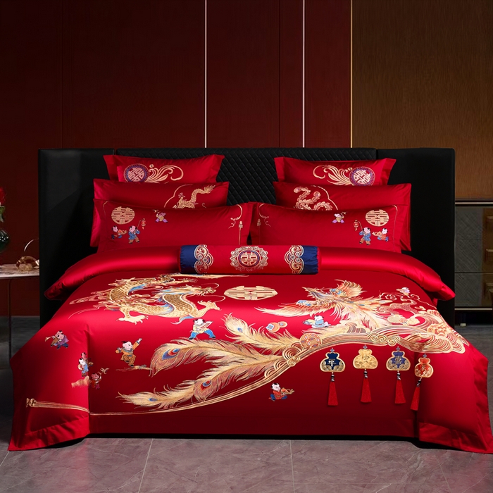 慕她家纺 2026年全棉纯棉婚庆四件套大红色刺绣结床上用品 龙凤合欢