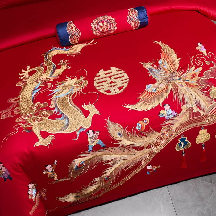 91家纺网 家纺一手货源 找家纺 慕她家纺 2026年全棉纯棉婚庆四件套大红色刺绣结床上用品 龙凤合欢