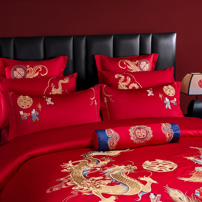 91家纺网 家纺一手货源 找家纺 慕她家纺 2026年全棉纯棉婚庆四件套大红色刺绣结床上用品 龙凤合欢