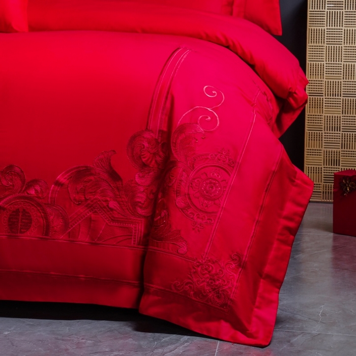 91家纺网 家纺一手货源 找家纺 慕她家纺 2026年全棉纯棉婚庆四件套大红色刺绣结床上用品 宫廷盛意