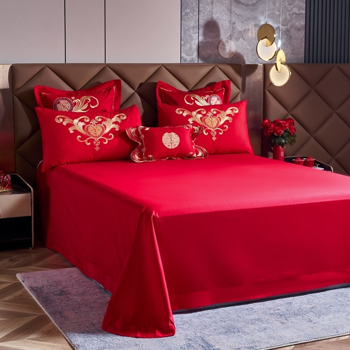 91家纺网 家纺一手货源 找家纺 慕她家纺 2026年全棉纯棉婚庆四件套大红色刺绣结床上用品 心若芳菲