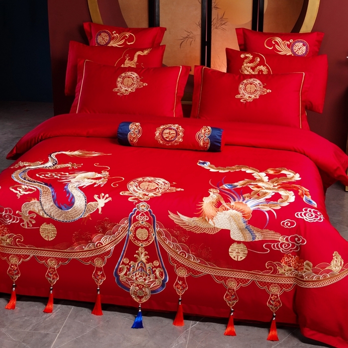 91家纺网 家纺一手货源 找家纺 慕她家纺 2026年全棉纯棉婚庆四件套大红色刺绣结床上用品 金尊龙凤