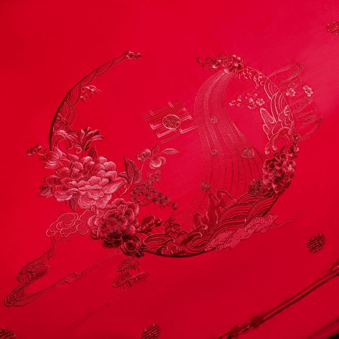 91家纺网 家纺一手货源 找家纺 慕她家纺 2026年全棉纯棉婚庆四件套大红色刺绣结床上用品 凤舞花晨 红