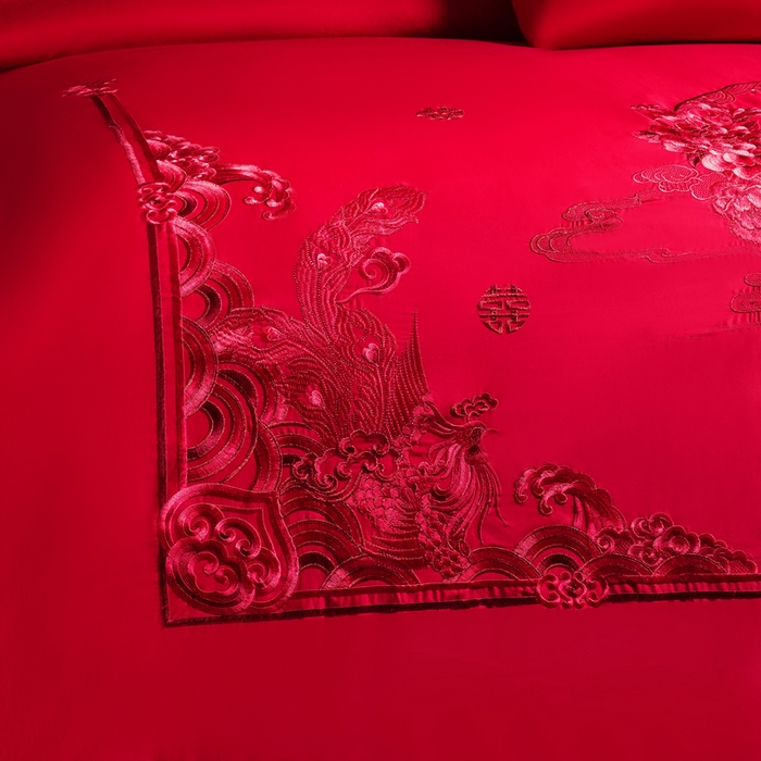 91家纺网 家纺一手货源 找家纺 慕她家纺 2026年全棉纯棉婚庆四件套大红色刺绣结床上用品 凤舞花晨 红