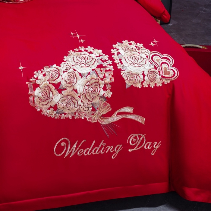 91家纺网 家纺一手货源 找家纺 慕她家纺 2026年全棉纯棉婚庆四件套大红色刺绣结床上用品 心若芳菲