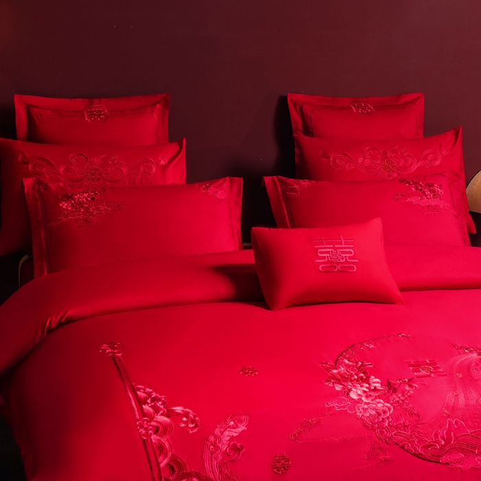 91家纺网 家纺一手货源 找家纺 慕她家纺 2026年全棉纯棉婚庆四件套大红色刺绣结床上用品 凤舞花晨 红