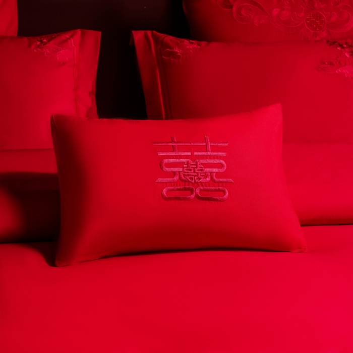 91家纺网 家纺一手货源 找家纺 慕她家纺 2026年全棉纯棉婚庆四件套大红色刺绣结床上用品 凤舞花晨 红