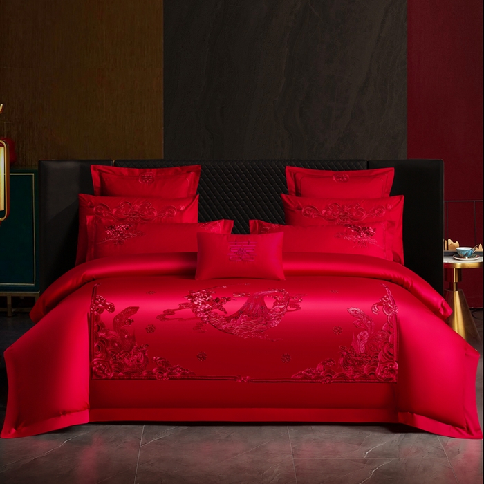 慕她家纺 2026年全棉纯棉婚庆四件套大红色刺绣结床上用品 凤舞花晨 红