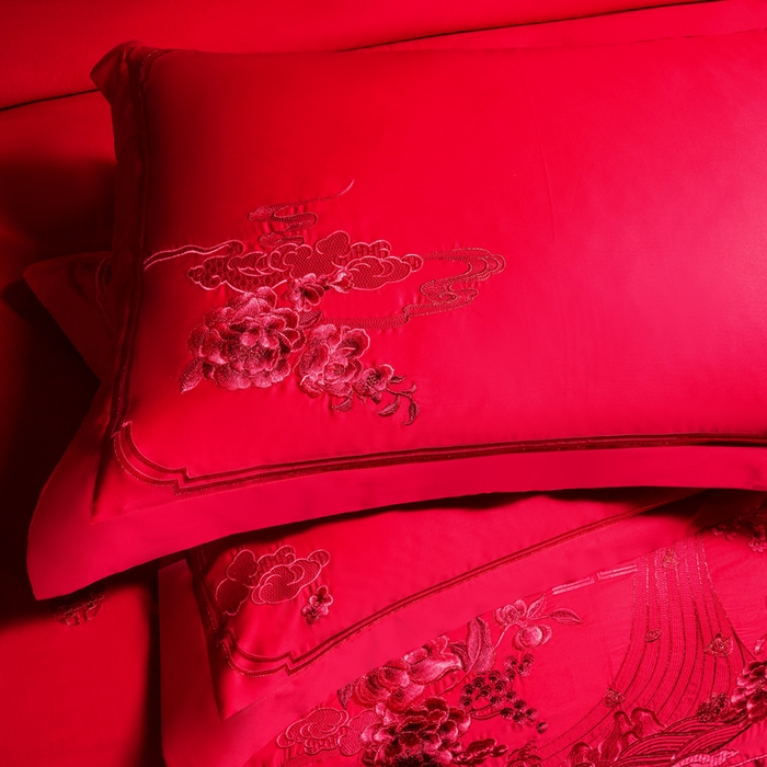 91家纺网 家纺一手货源 找家纺 慕她家纺 2026年全棉纯棉婚庆四件套大红色刺绣结床上用品 凤舞花晨 红