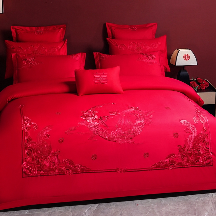 91家纺网 家纺一手货源 找家纺 慕她家纺 2026年全棉纯棉婚庆四件套大红色刺绣结床上用品 凤舞花晨 红
