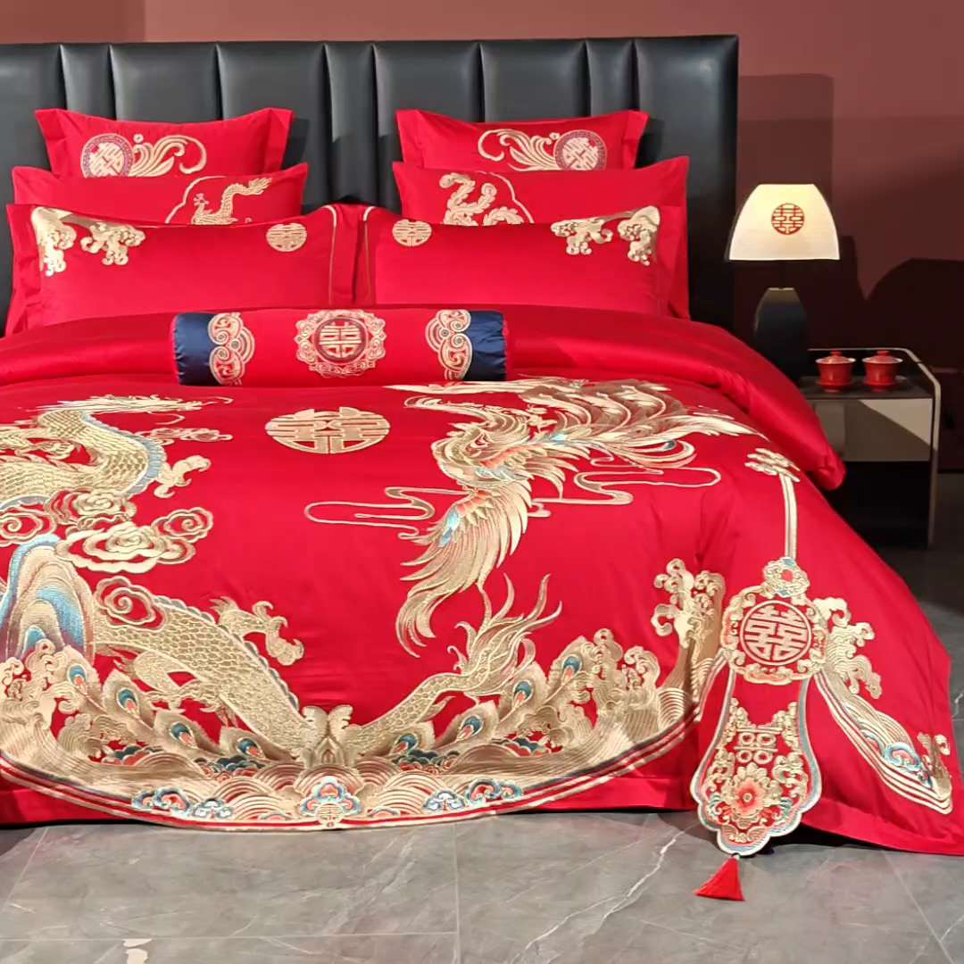 91家纺网 家纺一手货源 找家纺 慕她家纺 2026年全棉纯棉婚庆四件套大红色刺绣结床上用品 盛世腾飞