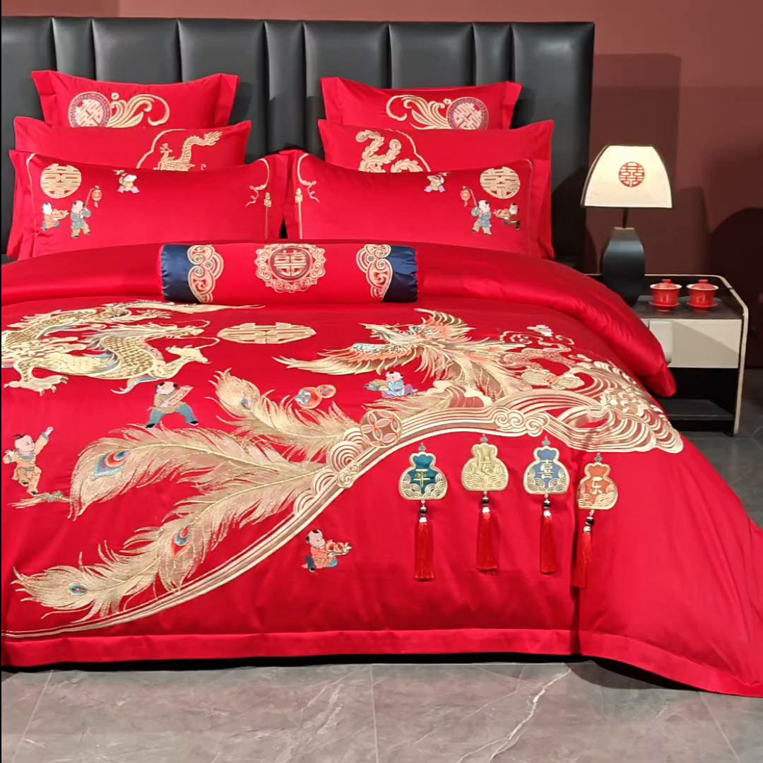 91家纺网 家纺一手货源 找家纺 慕她家纺 2026年全棉纯棉婚庆四件套大红色刺绣结床上用品 龙凤合欢