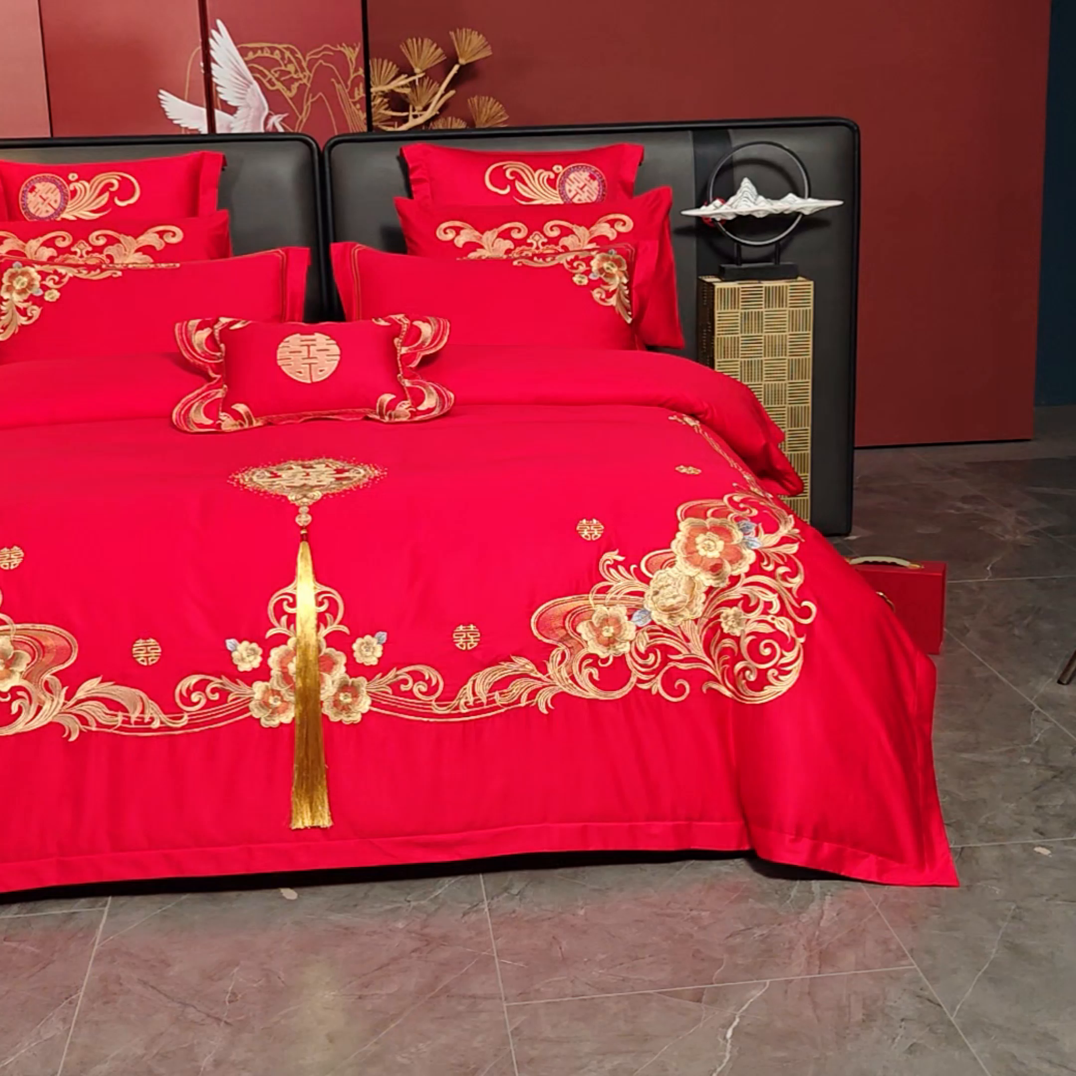 91家纺网 家纺一手货源 找家纺 慕她家纺 2026年全棉纯棉婚庆四件套大红色刺绣结床上用品 倾城之恋 金