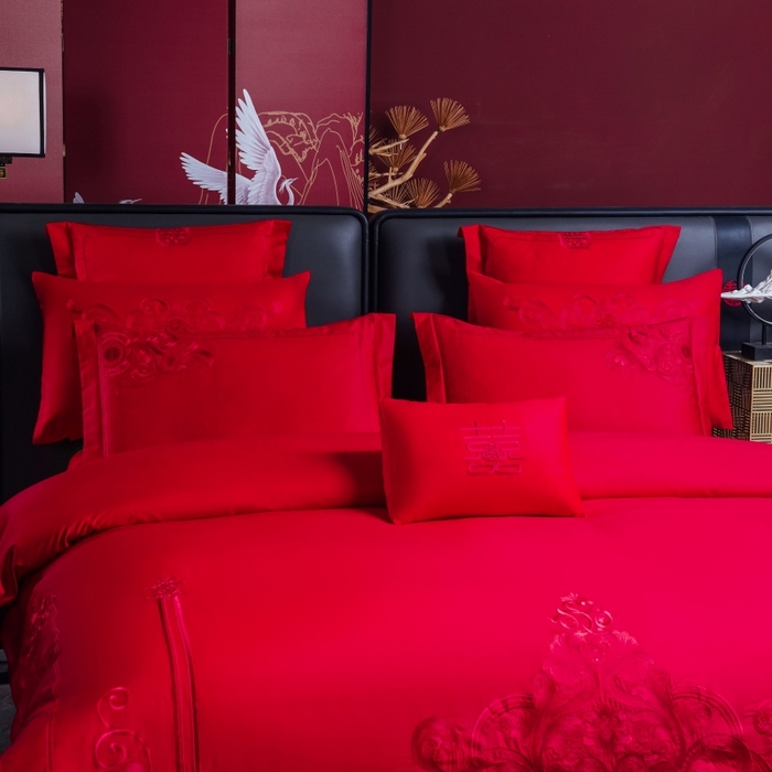 91家纺网 家纺一手货源 找家纺 慕她家纺 2026年全棉纯棉婚庆四件套大红色刺绣结床上用品 宫廷盛意