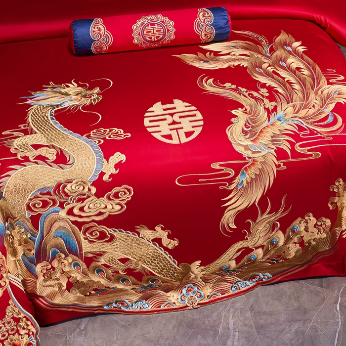 91家纺网 家纺一手货源 找家纺 慕她家纺 2026年全棉纯棉婚庆四件套大红色刺绣结床上用品 盛世腾飞