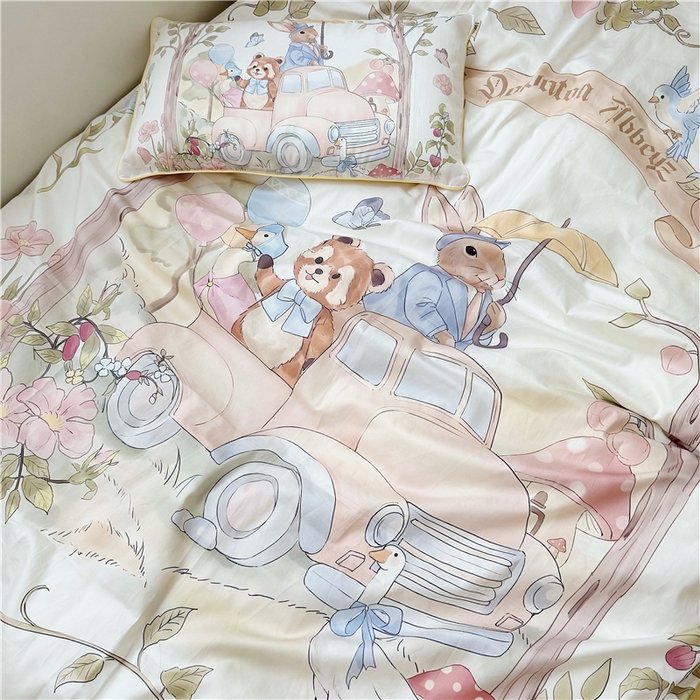 91家纺网 家纺一手货源 找家纺 萌宝家纺 2026新款春夏儿童全棉60贡缎被套幼儿园三件套含芯6件套 汽车旅行