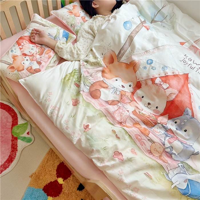 91家纺网 家纺一手货源 找家纺 萌宝家纺 2026新款春夏儿童全棉60贡缎被套幼儿园三件套含芯6件套 丛林聚餐