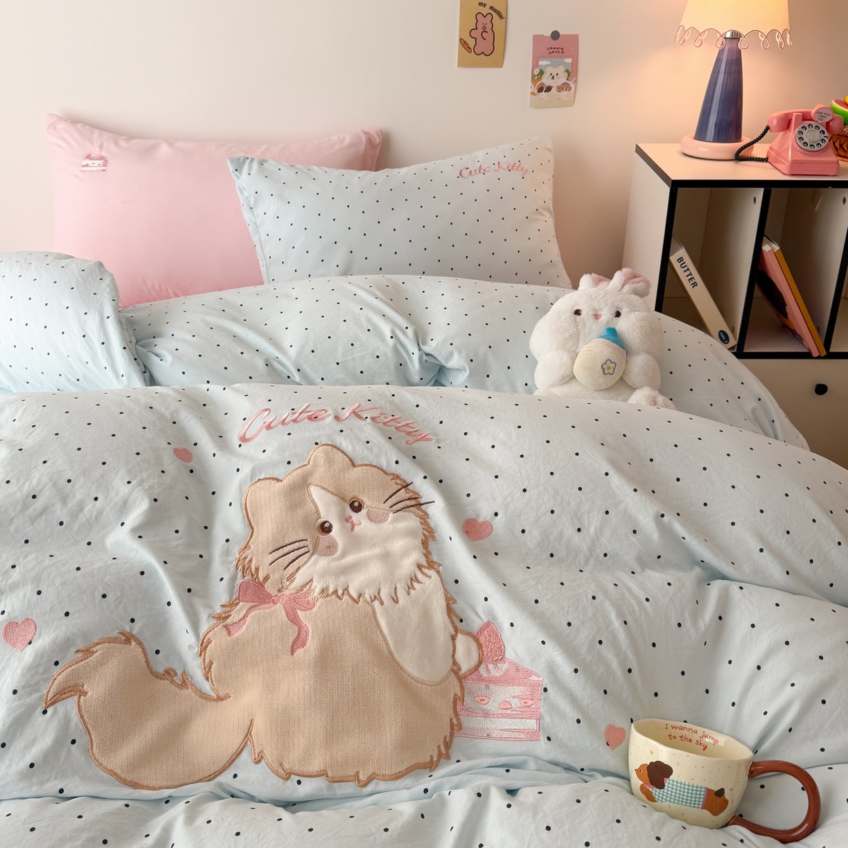 91家纺网 家纺一手货源 找家纺 吾欢心 2026春夏新款水洗棉床盖款四件套夏被四件套 蛋糕猫酱