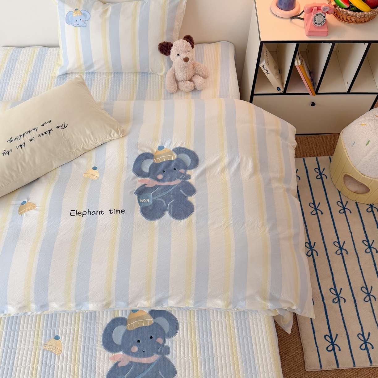 吾欢心 2026春夏新款水洗棉床盖款四件套夏被四件套 萌萌小象