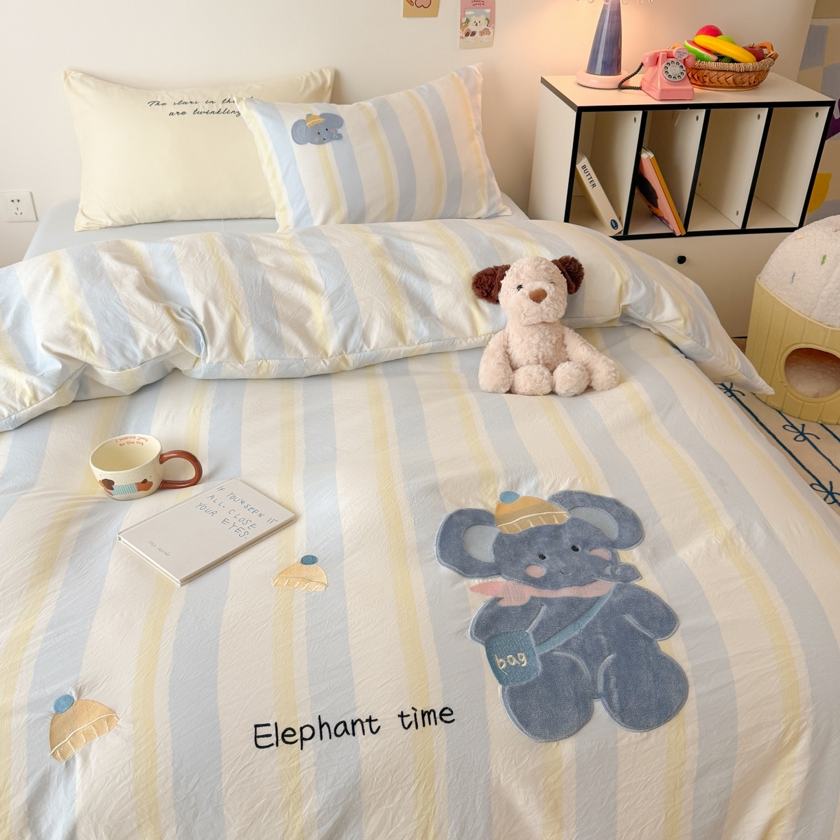 91家纺网 家纺一手货源 找家纺 吾欢心 2026春夏新款水洗棉床盖款四件套夏被四件套 萌萌小象