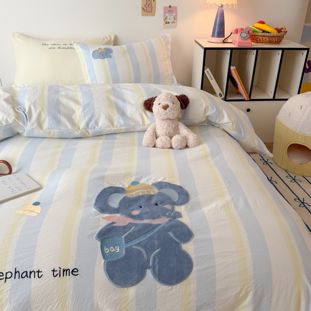 91家纺网 家纺一手货源 找家纺 吾欢心 2026春夏新款水洗棉床盖款四件套夏被四件套 萌萌小象