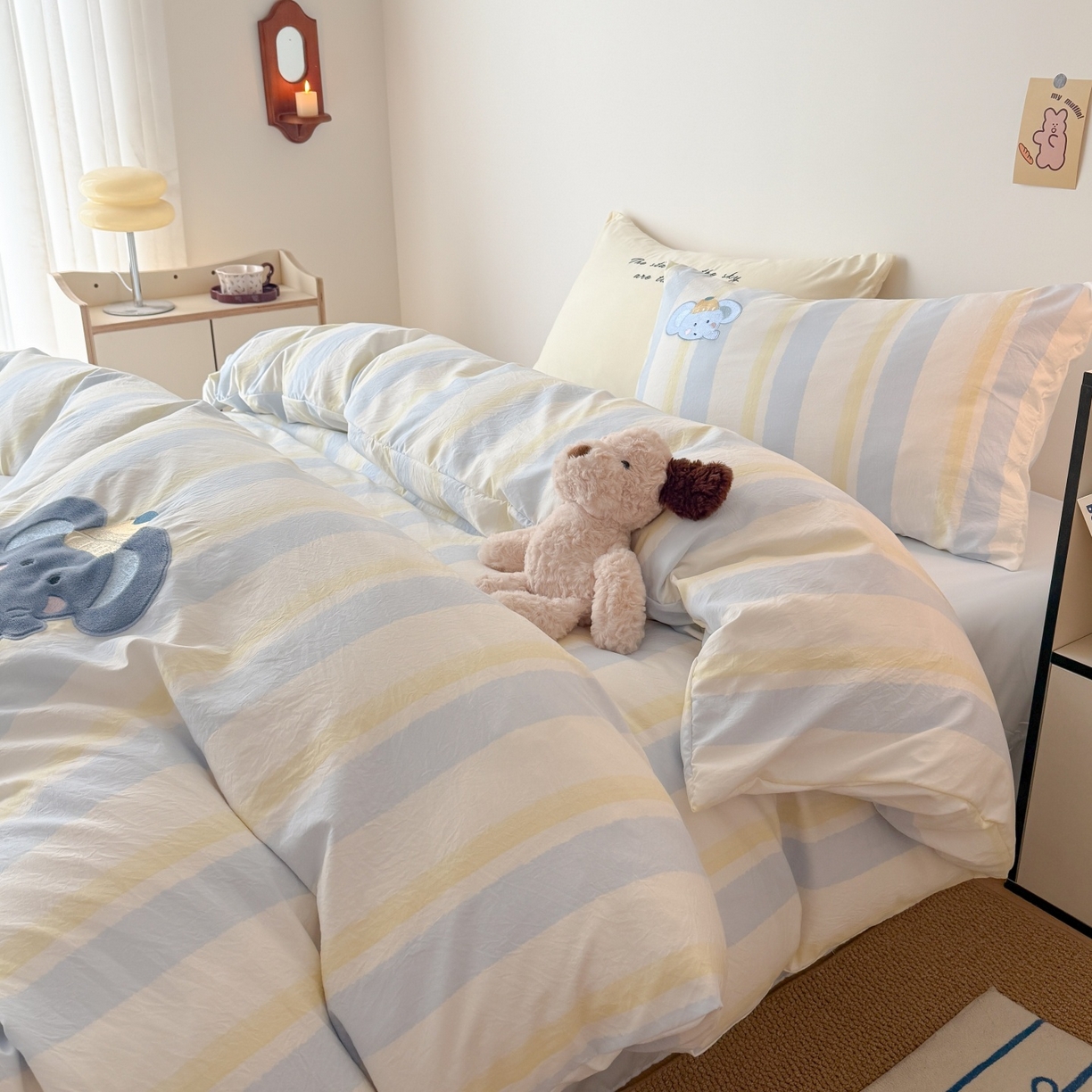 91家纺网 家纺一手货源 找家纺 吾欢心 2026春夏新款水洗棉床盖款四件套夏被四件套 萌萌小象