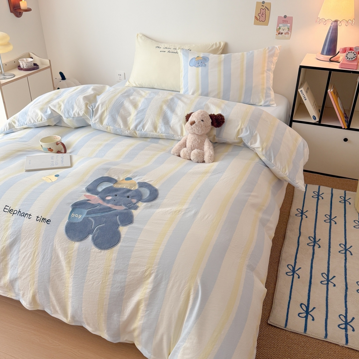 91家纺网 家纺一手货源 找家纺 吾欢心 2026春夏新款水洗棉床盖款四件套夏被四件套 萌萌小象