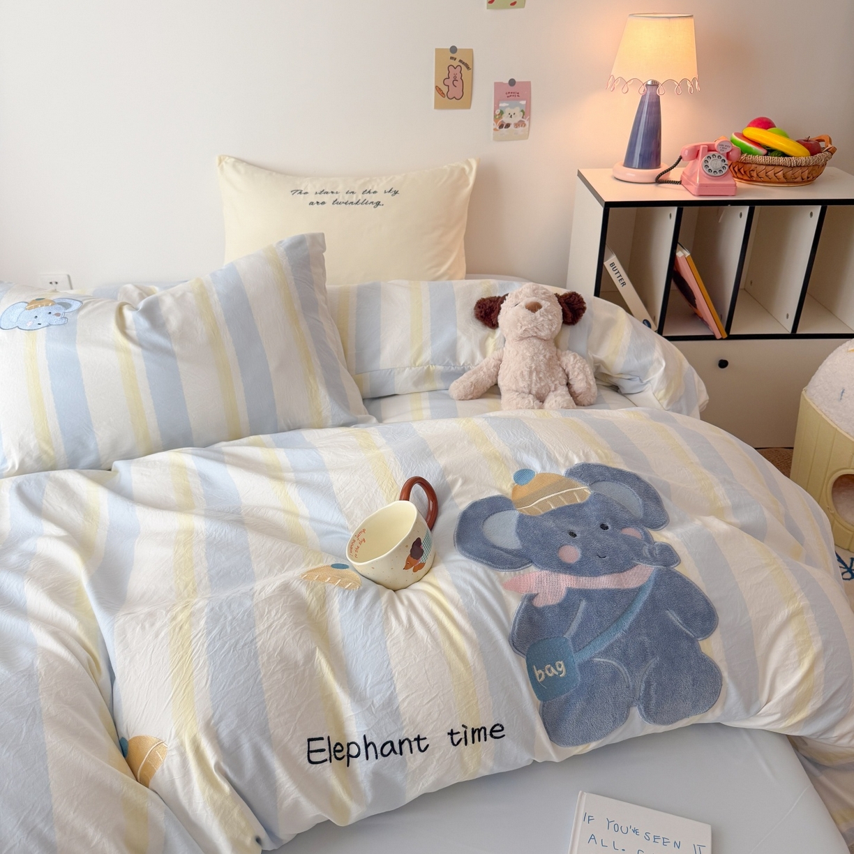 91家纺网 家纺一手货源 找家纺 吾欢心 2026春夏新款水洗棉床盖款四件套夏被四件套 萌萌小象