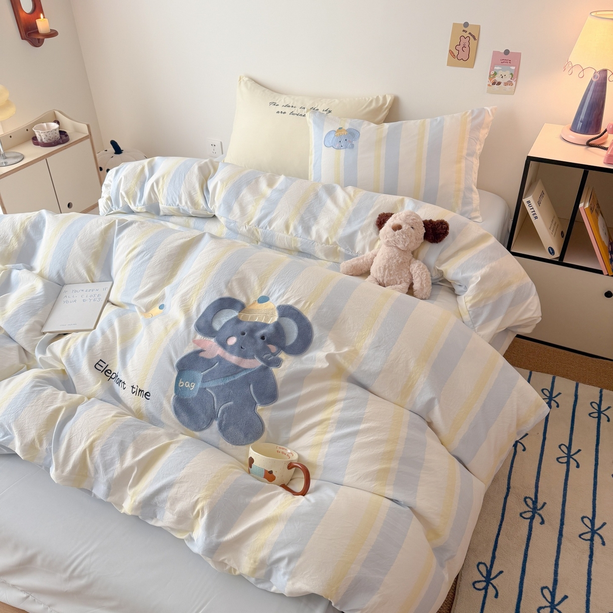 91家纺网 家纺一手货源 找家纺 吾欢心 2026春夏新款水洗棉床盖款四件套夏被四件套 萌萌小象