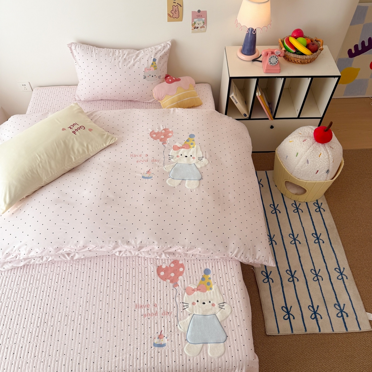 吾欢心 2026春夏新款水洗棉床盖款四件套夏被四件套 气球猫咪