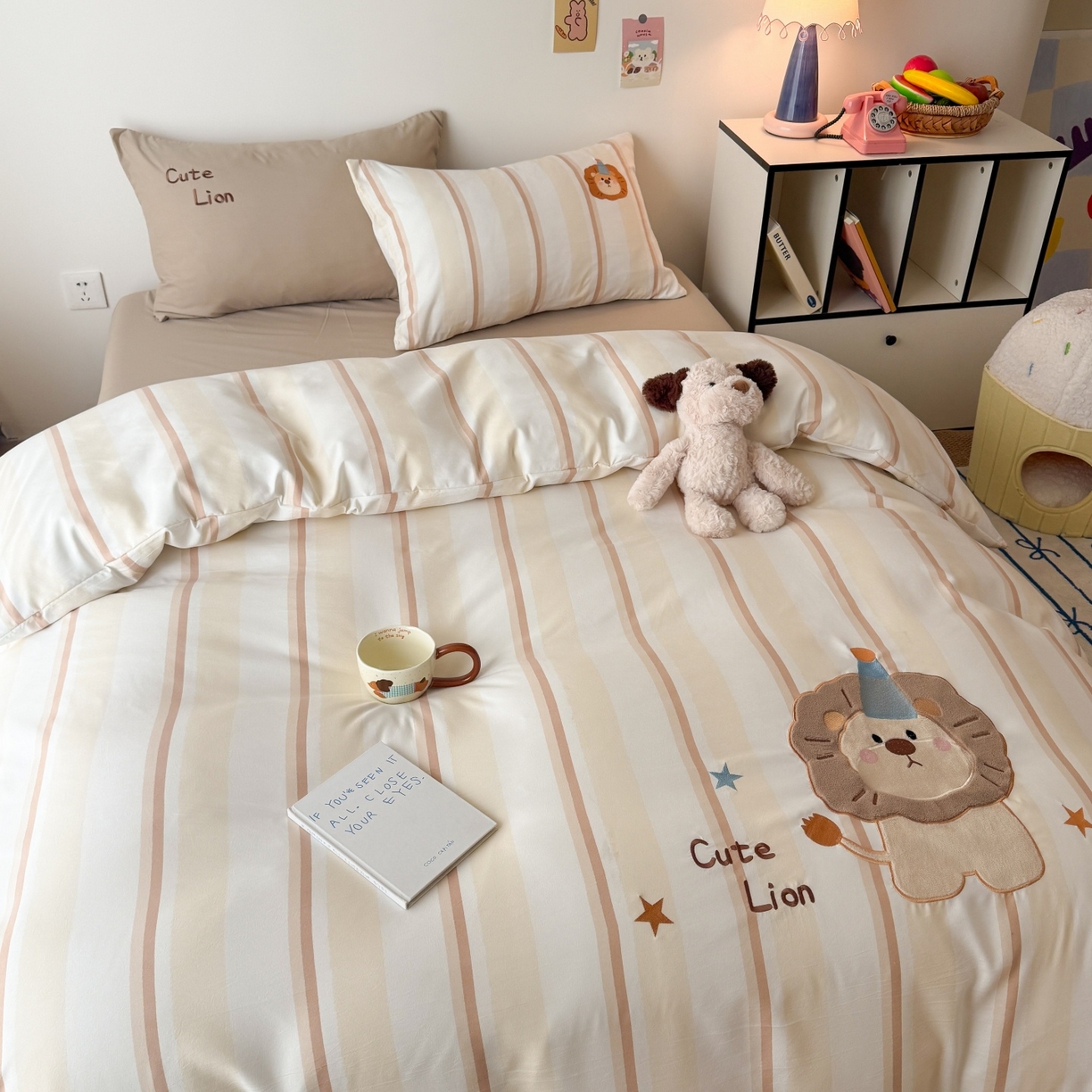 91家纺网 家纺一手货源 找家纺 吾欢心 2026春夏新款水洗棉床盖款四件套夏被四件套 小狮子