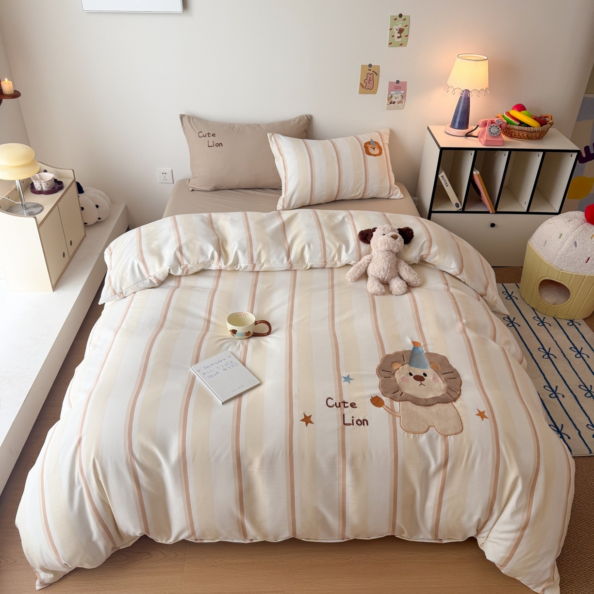 91家纺网 家纺一手货源 找家纺 吾欢心 2026春夏新款水洗棉床盖款四件套夏被四件套 小狮子