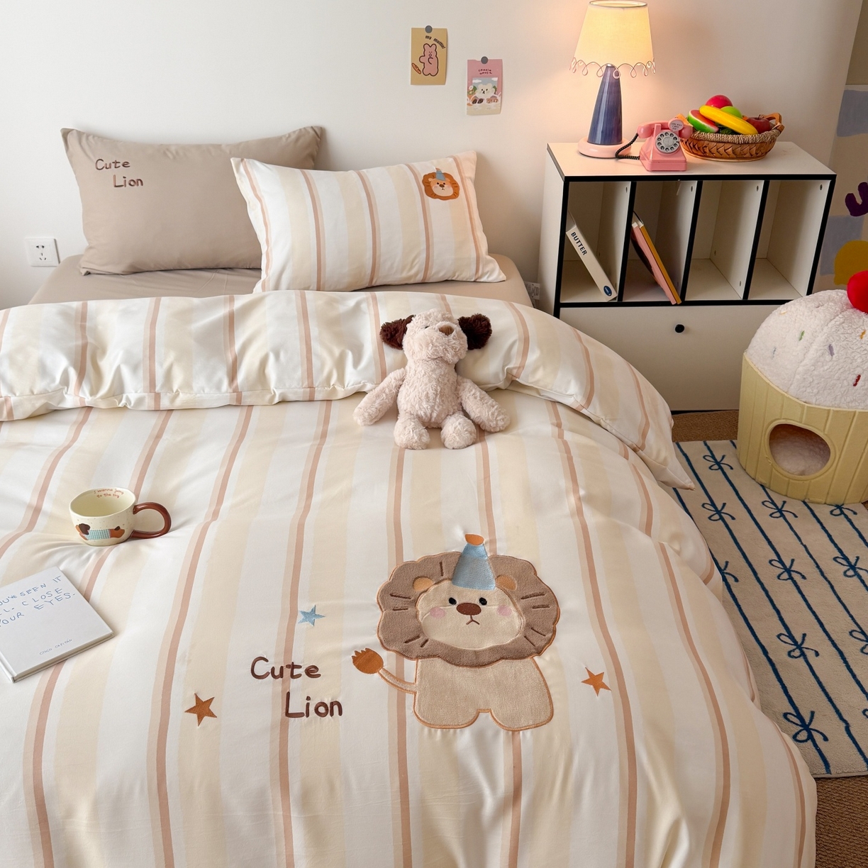 91家纺网 家纺一手货源 找家纺 吾欢心 2026春夏新款水洗棉床盖款四件套夏被四件套 小狮子