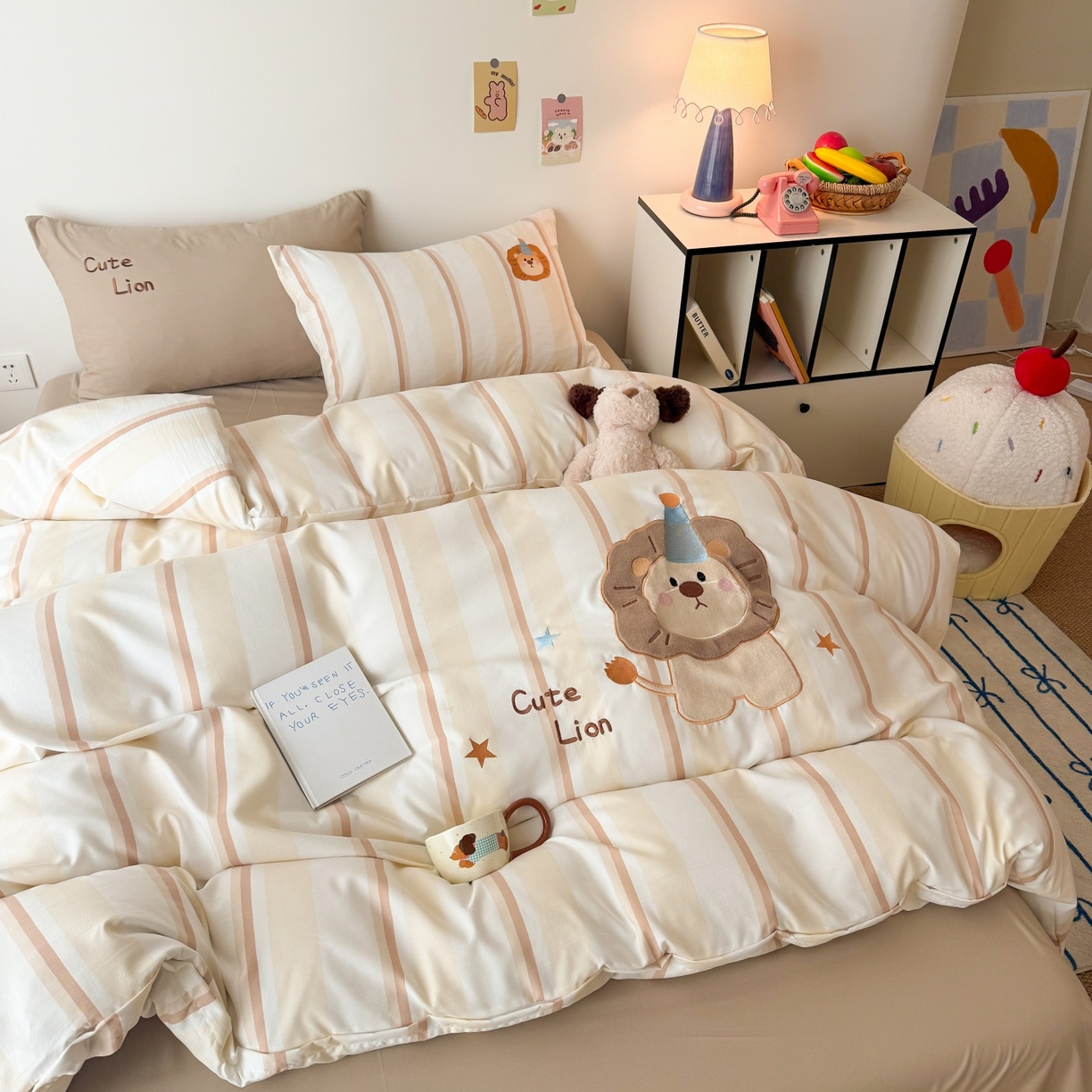 91家纺网 家纺一手货源 找家纺 吾欢心 2026春夏新款水洗棉床盖款四件套夏被四件套 小狮子